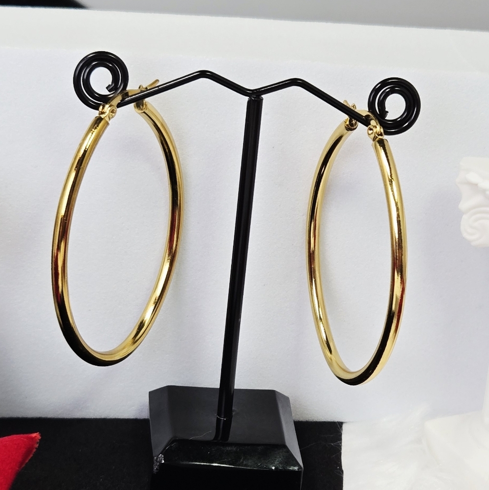 Chunky Gold Oval Hoop Earrings 40mm Stainless Steel Large Polished Hoops - Picture 4 of 5